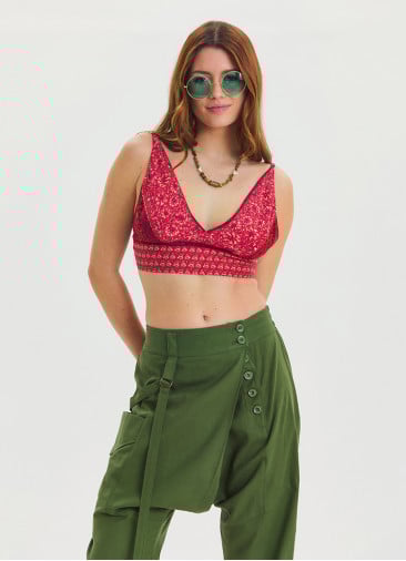 Lace Up Open Back Adjustable Red Crop Blouse 4647